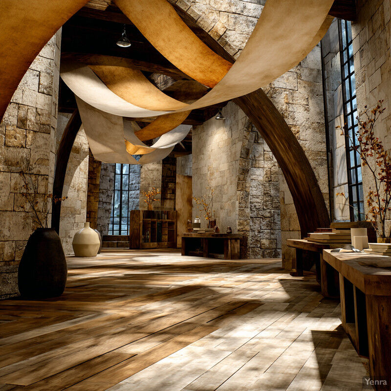 A rustic, sunlit interior with wooden beams, stone walls, and natural light.