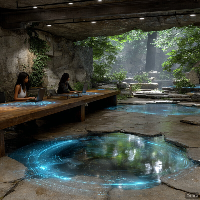 A futuristic, cave-like workspace with a glowing portal and two individuals working on laptops.