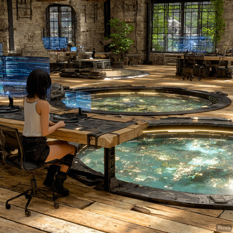 A futuristic and artistic workspace with a central water feature and a woman working at a desk.