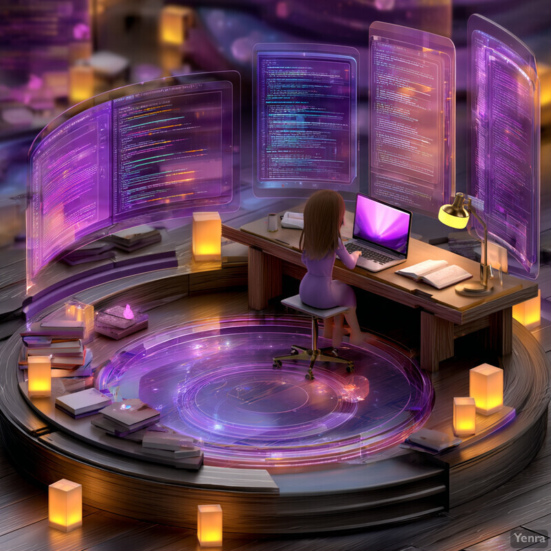 A futuristic workspace with multiple curved screens displaying code, a young individual coding, and a glowing platform.