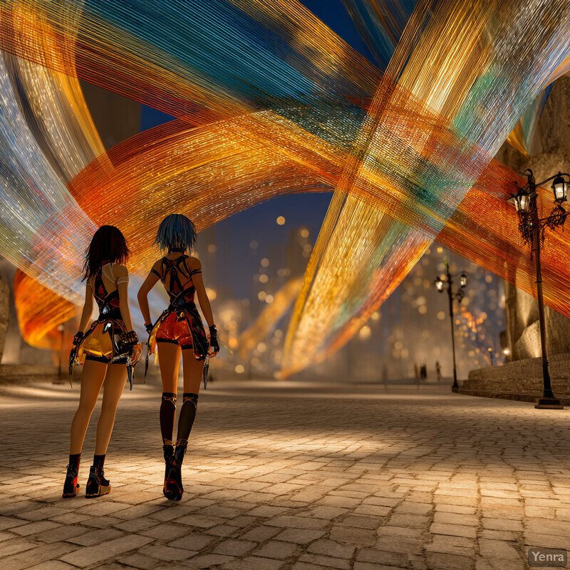 Two figures in futuristic attire walk towards a colorful light installation at the Vibe Coding Festival in a vibrant, urban setting.