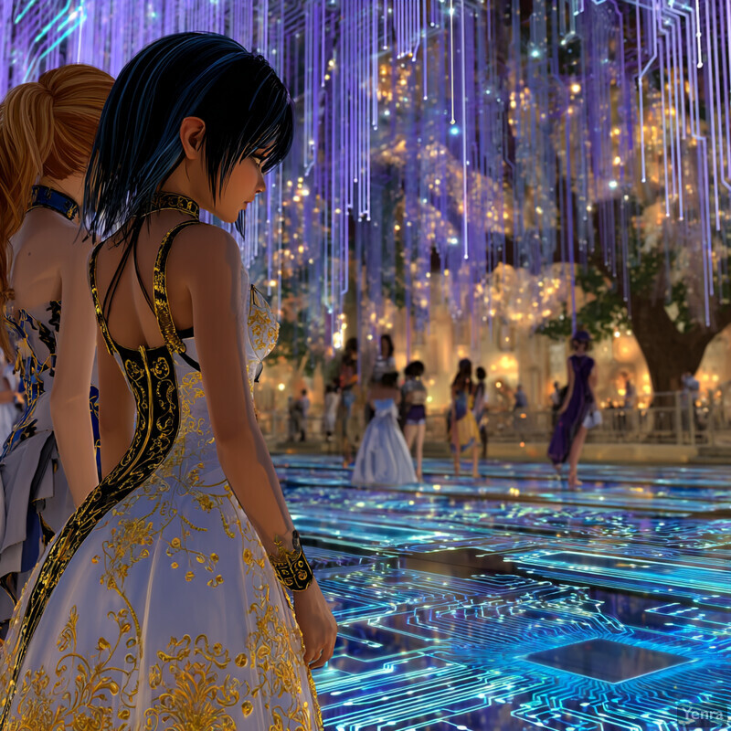 A futuristic, high-tech event featuring elegant characters in a vibrant, digitally inspired setting.