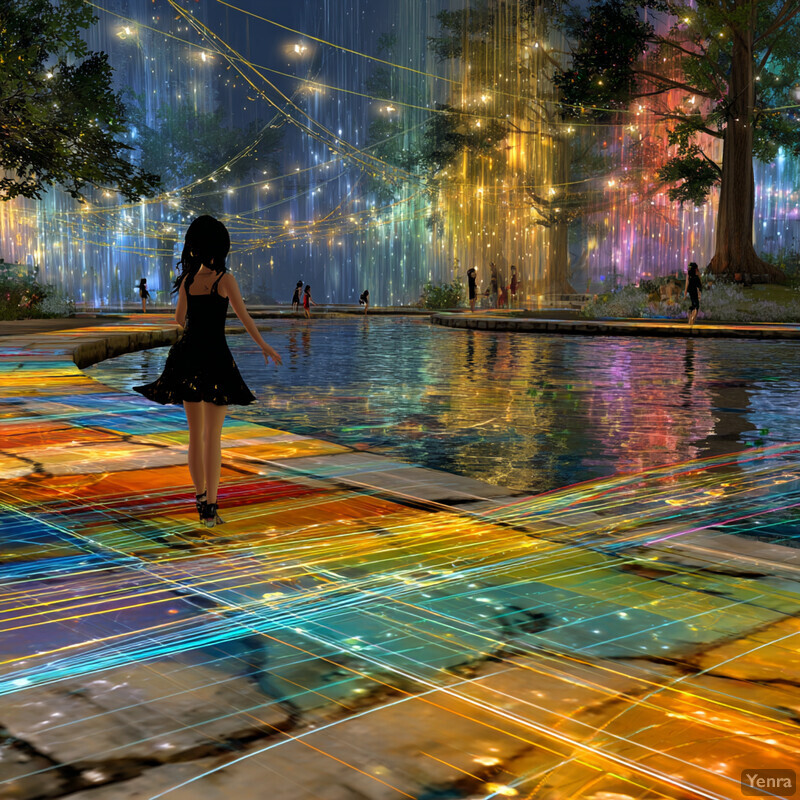 A magical, colorful scene at the Vibe Coding Festival with a woman walking along a glowing path surrounded by glowing trees and a reflective surface.