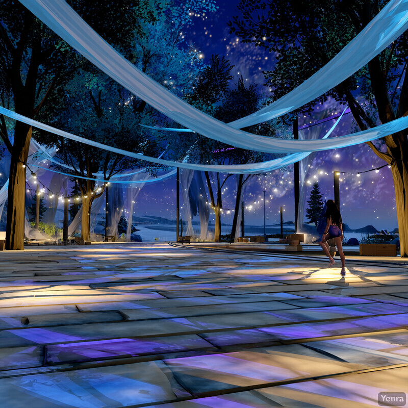 A tranquil outdoor setting at night, illuminated by string lights and featuring a dancer, with a dreamy atmosphere created by sheer curtains and a serene natural backdrop.
