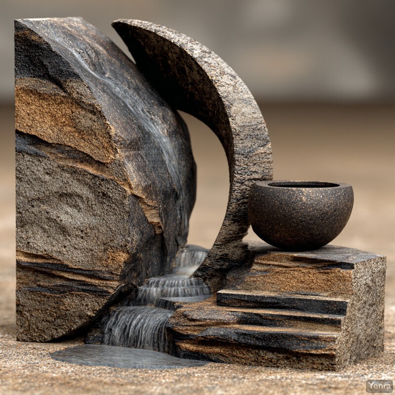 A miniature waterfall scene with a dark gray rock formation, a cascading waterfall, and a ceramic bowl resting on a stone base, set against a soft beige background.