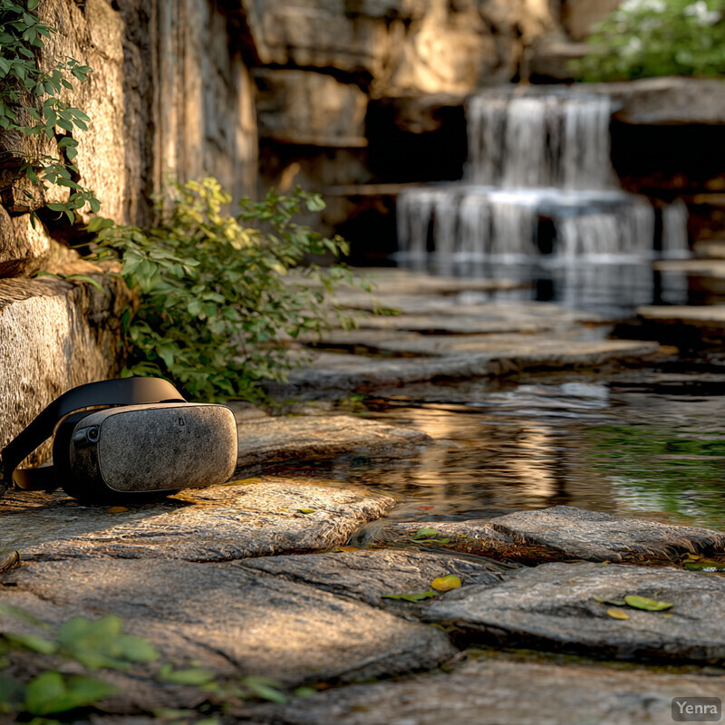 A serene outdoor scene with a waterfall and a VR headset on stone steps, blending nature and technology.