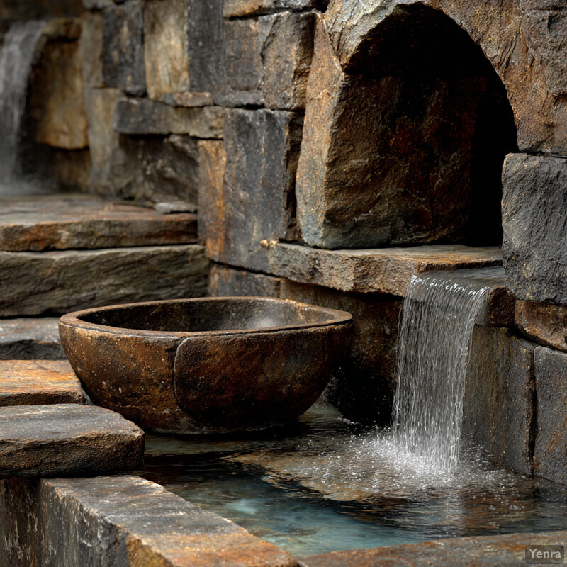A tranquil stone waterfall flowing into a large, dark stone bowl, surrounded by stacked stone walls.