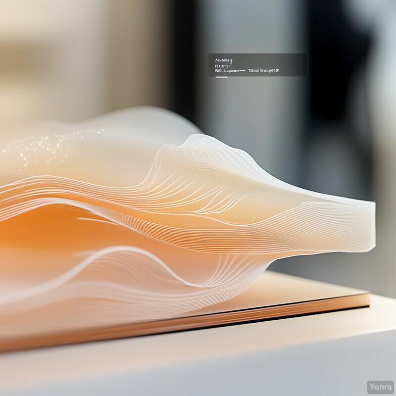 Abstract sculpture with wavy shape in orange and white.