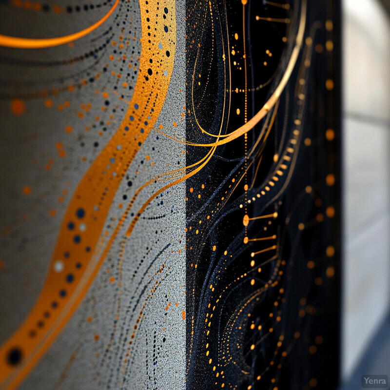 Abstract composition featuring swirling patterns and shapes in orange, gold, and black.