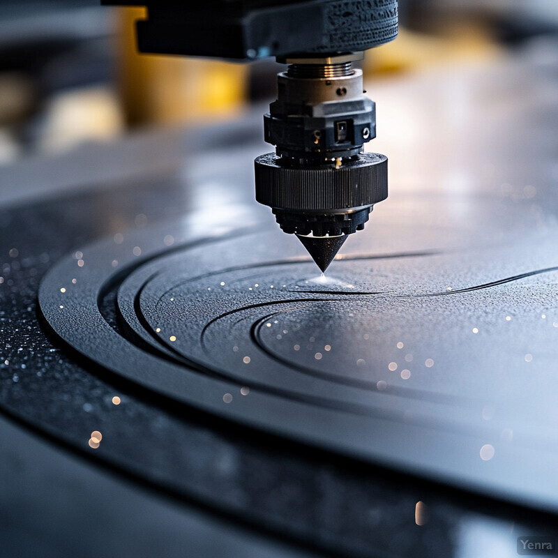 Close-up view of a machine's cutting tool in an industrial setting.