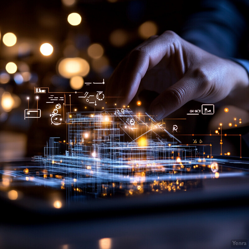 A person is analyzing or designing aspects of a digital system or network projected onto a flat surface in front of them.