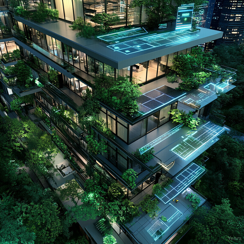 A futuristic, eco-friendly building with a greenery-covered exterior and solar panels on its roof.