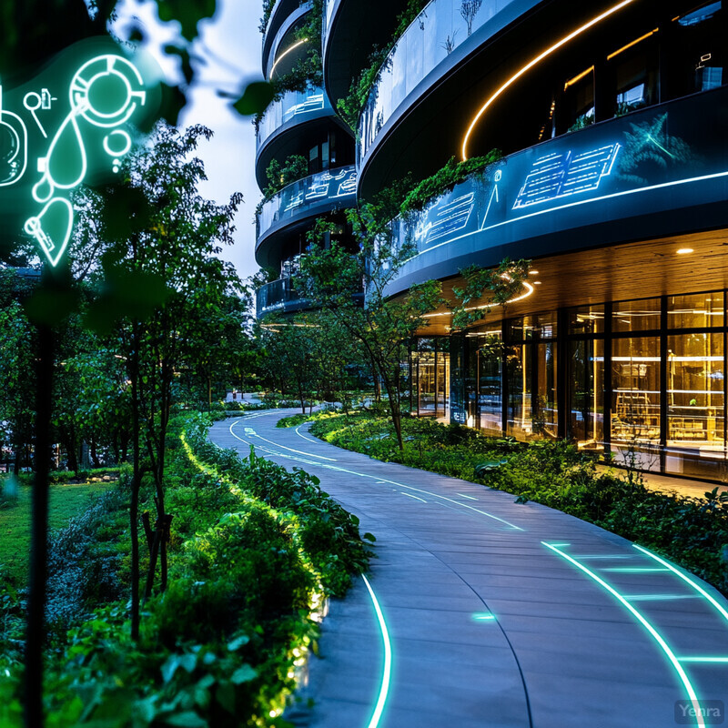 A modern eco-friendly building with a winding path leading to its entrance, surrounded by lush greenery and trees.