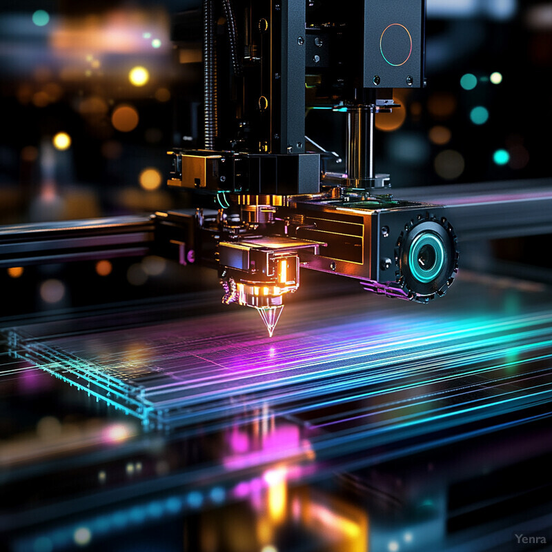 A close-up view of a 3D printer in operation, with a beam of light illuminating a layer of material being printed.