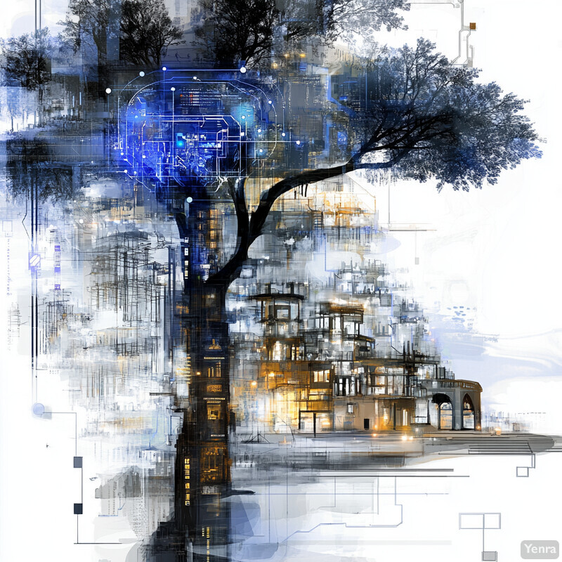 An abstract representation of a tree with a building in the background, featuring various shapes and lines reminiscent of circuit boards or computer code.