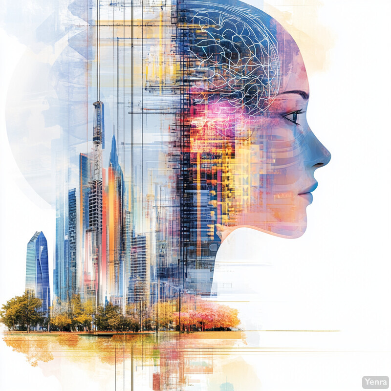 A woman's head with a cityscape emerging from her brain, blending technology and urban landscape.