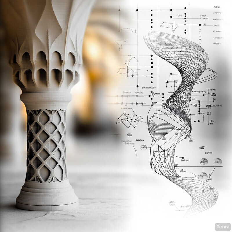 A pillar and an abstract design are juxtaposed against a blurred background.