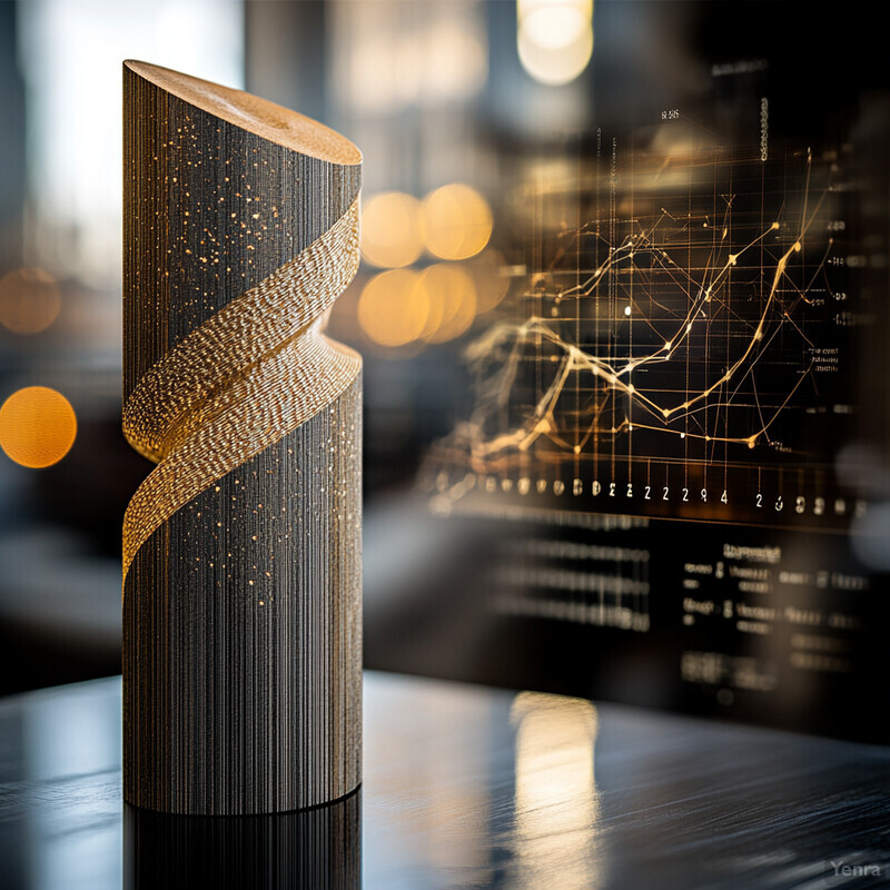 A 3D-rendered wooden cylinder with a twisted design on a dark surface in an office setting.