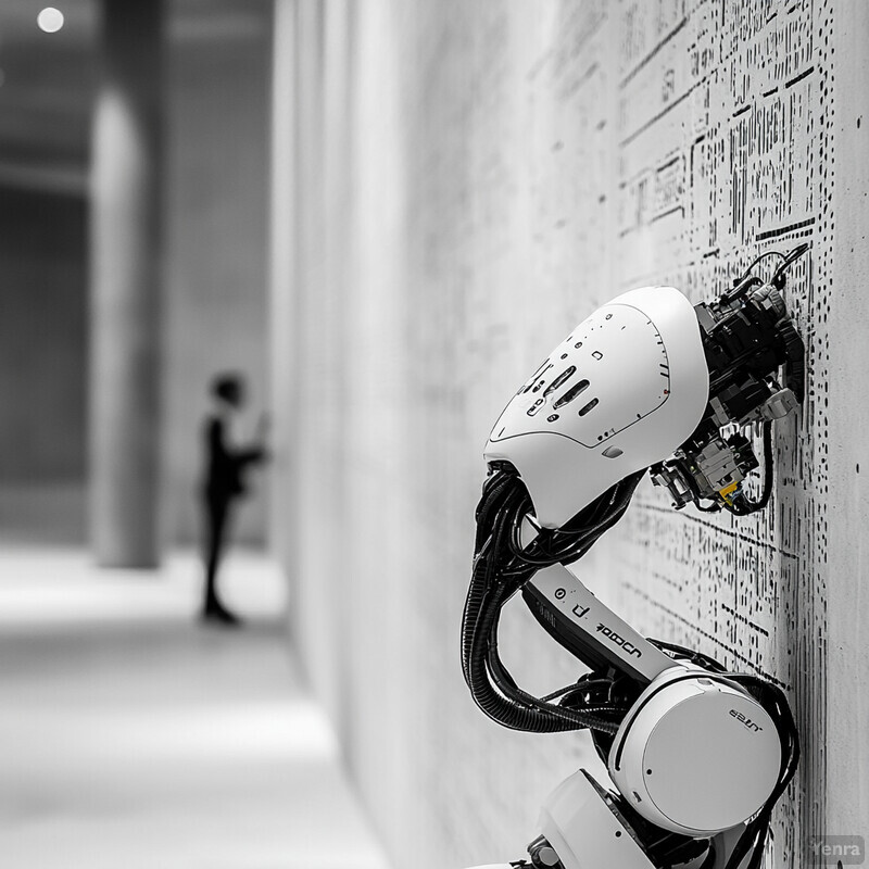 A white and black robotic arm is mounted on a wall in an office or industrial setting.