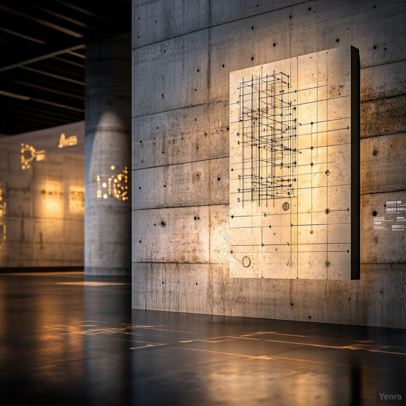 The image shows a grid pattern on a wall in a large concrete room.