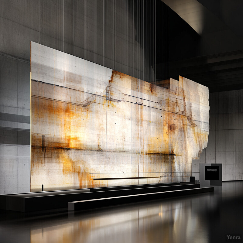 An art installation in a gallery or museum setting featuring an abstract piece with white and brown tones.