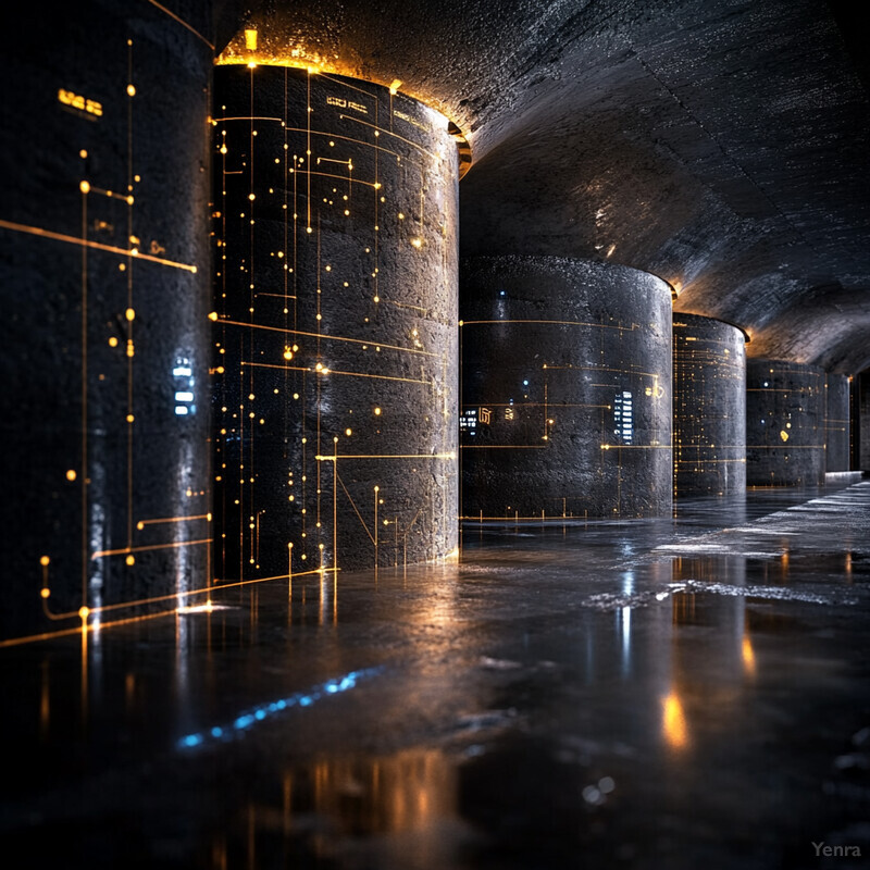 A futuristic room with cylindrical objects and a reflective floor.