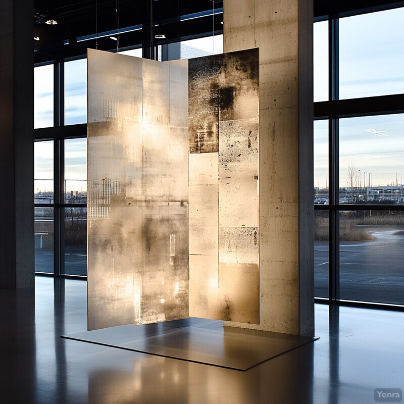 An art installation in an industrial space with a weathered metal design and concrete pillars.