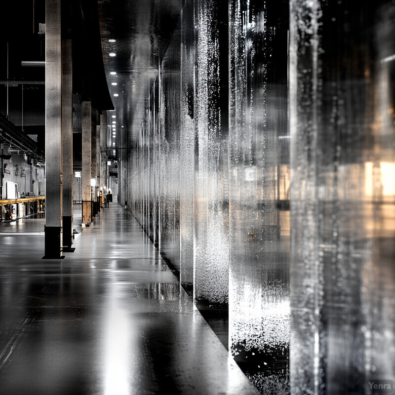 An industrial setting with rows of cylindrical objects in a factory-like environment.