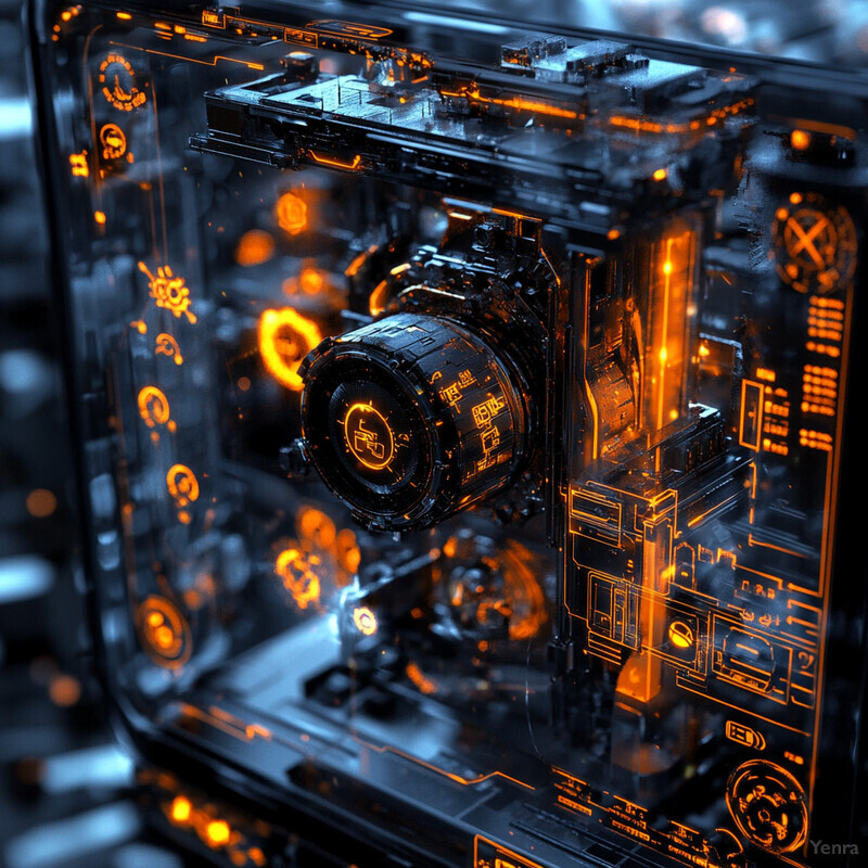 A futuristic-looking machine with glowing orange lights and a sleek black body.