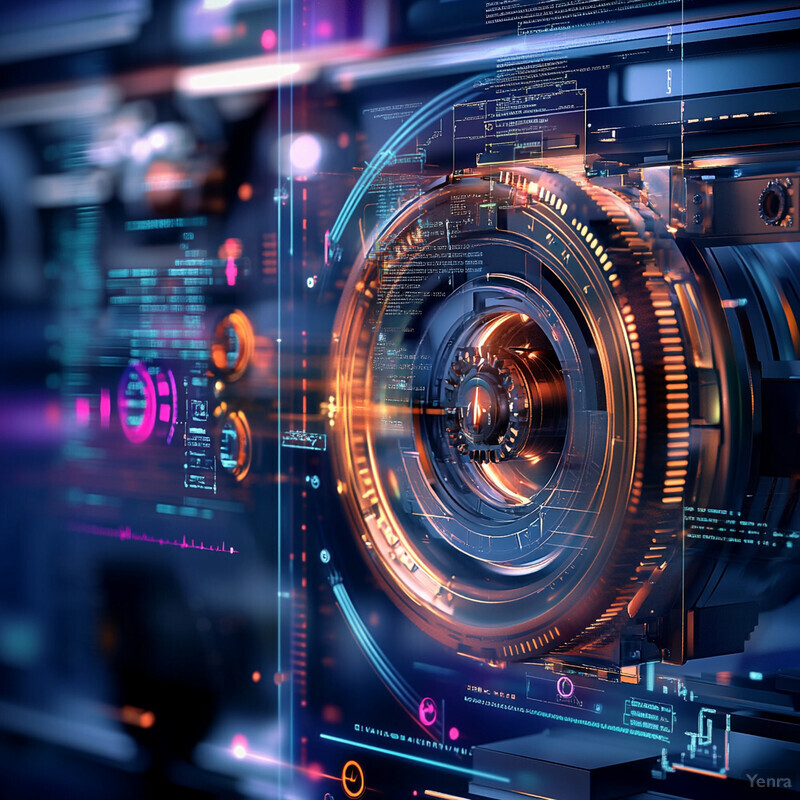 Predictive Maintenance of Machinery: A futuristic and high-tech setting featuring a large circular object with an orange glow, surrounded by screens displaying data and information related to the machinery's performance.