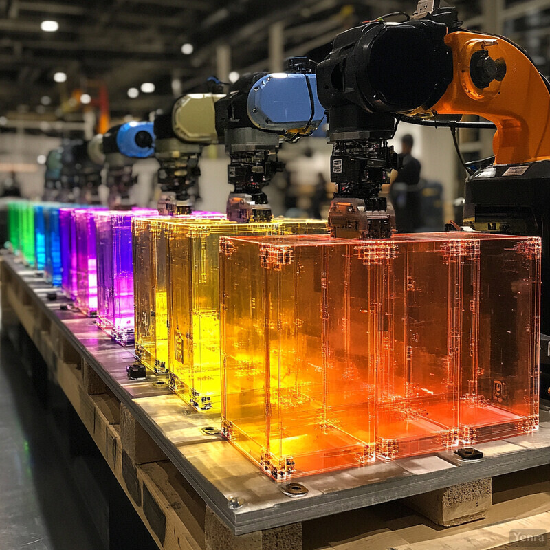 Robotic arms in a factory setting with transparent plastic containers filled with orange liquid.