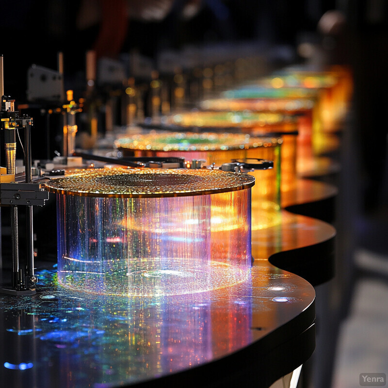 Row of cylindrical objects with gold tops and black bases on a table in a dark room.