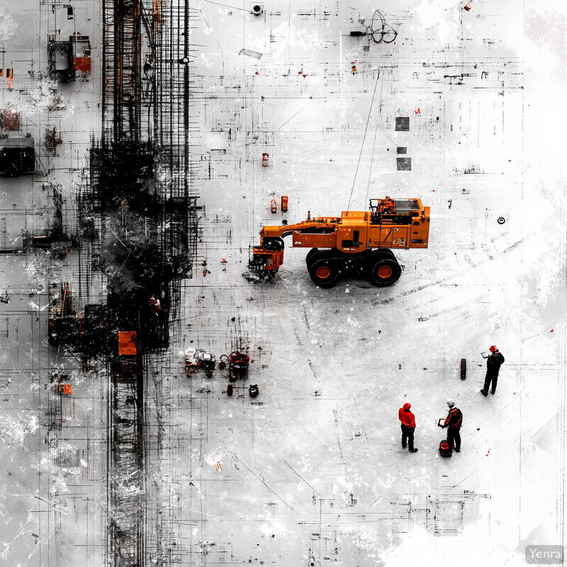 A construction site with a large crane and several workers in orange vests, set against a snowy backdrop.