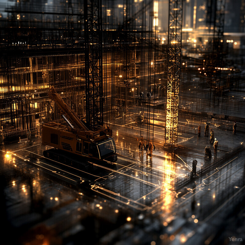 A construction site at night with a crane and other equipment illuminated by yellow lights.