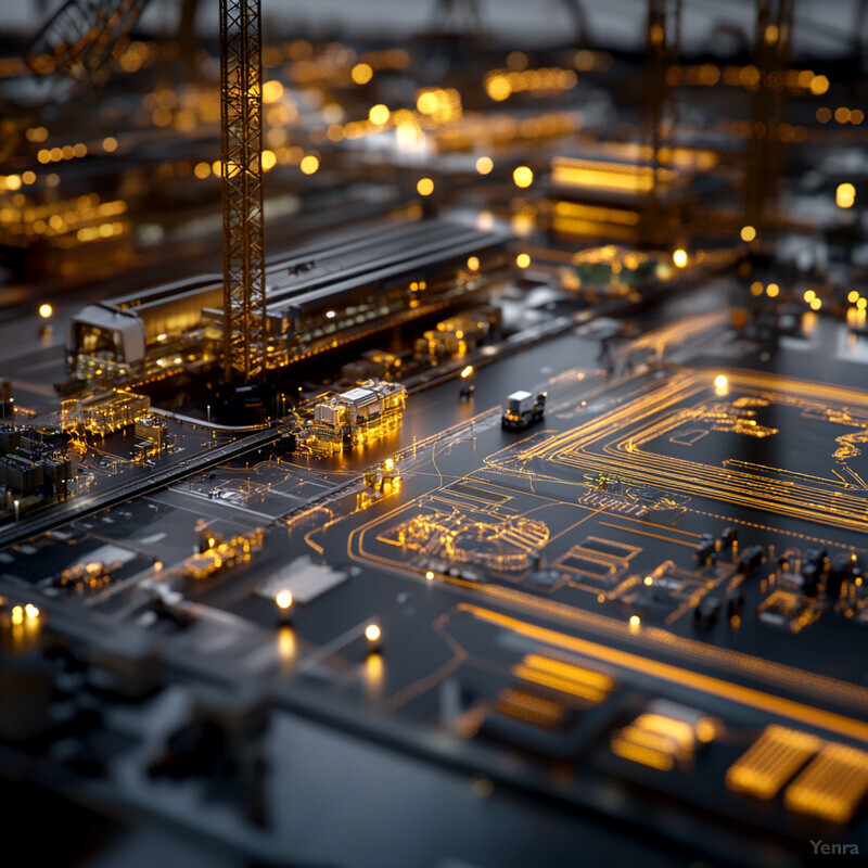 A miniature model of an industrial site featuring cranes and buildings.