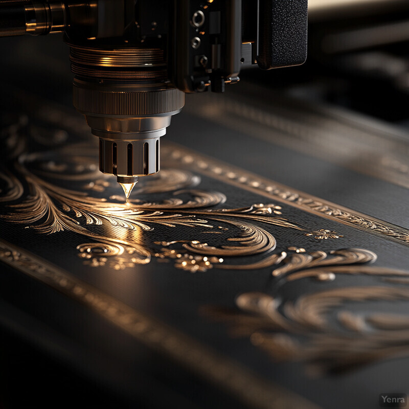 A machine with a black body and gold accents is engraving or cutting intricate designs into a piece of metal or plastic material.