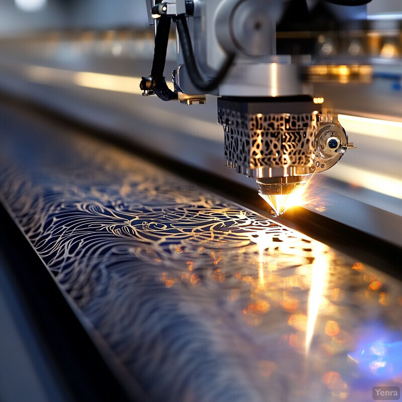 A laser cutting machine is shown in operation, cutting intricate designs into a metal plate.