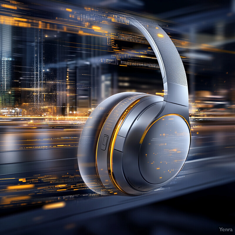 A pair of sleek wireless headphones with vibrant orange highlights against a blurred city backdrop.