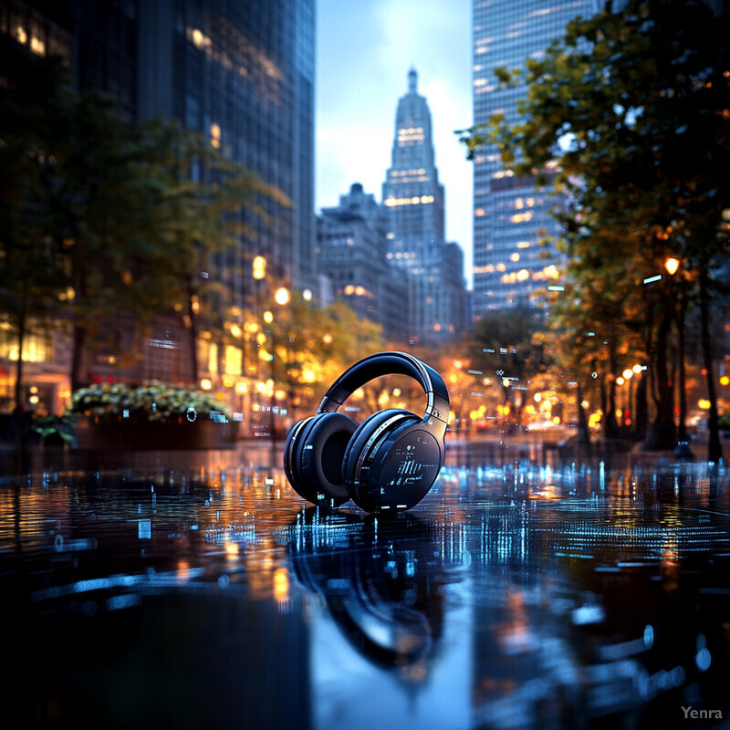 A pair of black Sony headphones sit on a wet surface in front of a city skyline.