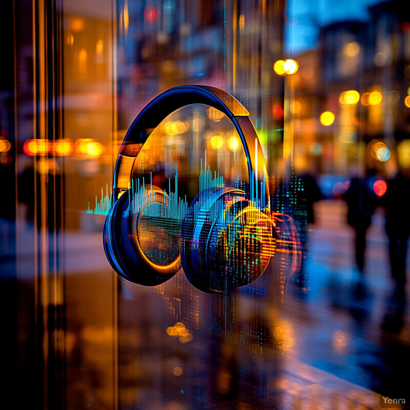 A pair of sleek, modern headphones with a cityscape reflected in them.