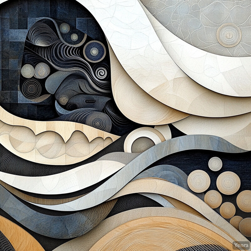 An abstract composition featuring diverse shapes and forms crafted from materials like paper or wood, with a monochromatic color palette.