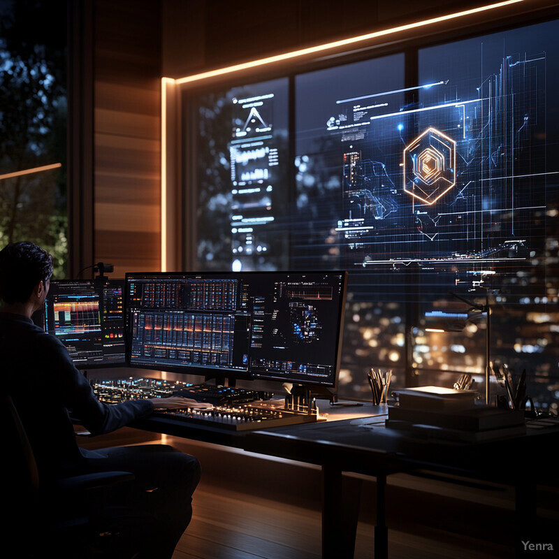 A man sits at a desk with multiple computer monitors, working in a dimly lit office space.