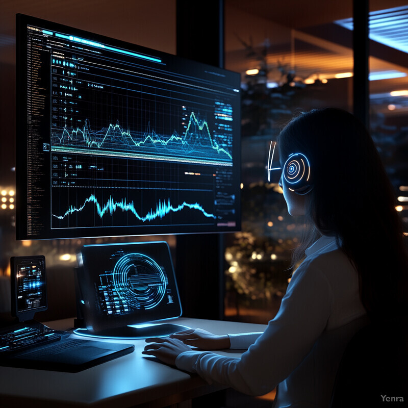 A woman intently focuses on her computer screens, surrounded by complex graphs and charts.