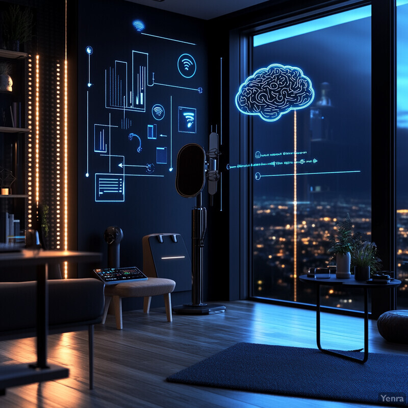 An AI-optimized acoustic sensor placement in a modern living area with a city view at night.