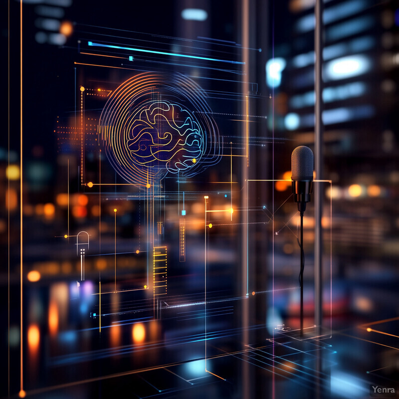 AI-optimized acoustic sensor placement setup in a dimly lit room, featuring microphones and a large screen displaying a brain-like structure.