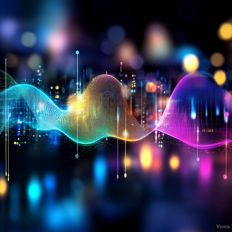 An abstract representation of sound waves or musical frequencies with wavy lines in different colors.