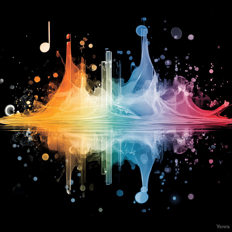 A rainbow-colored spectrum of musical notes splashing into water, with a single beige music note in the top-left corner.