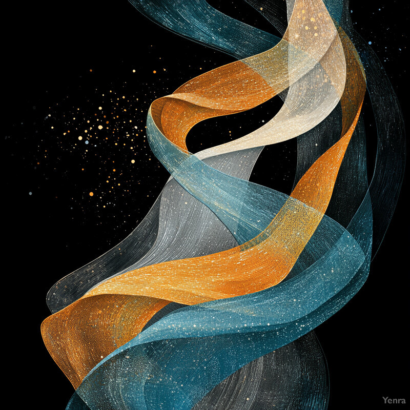 An abstract design with swirling lines and shapes in shades of blue, orange, and white.