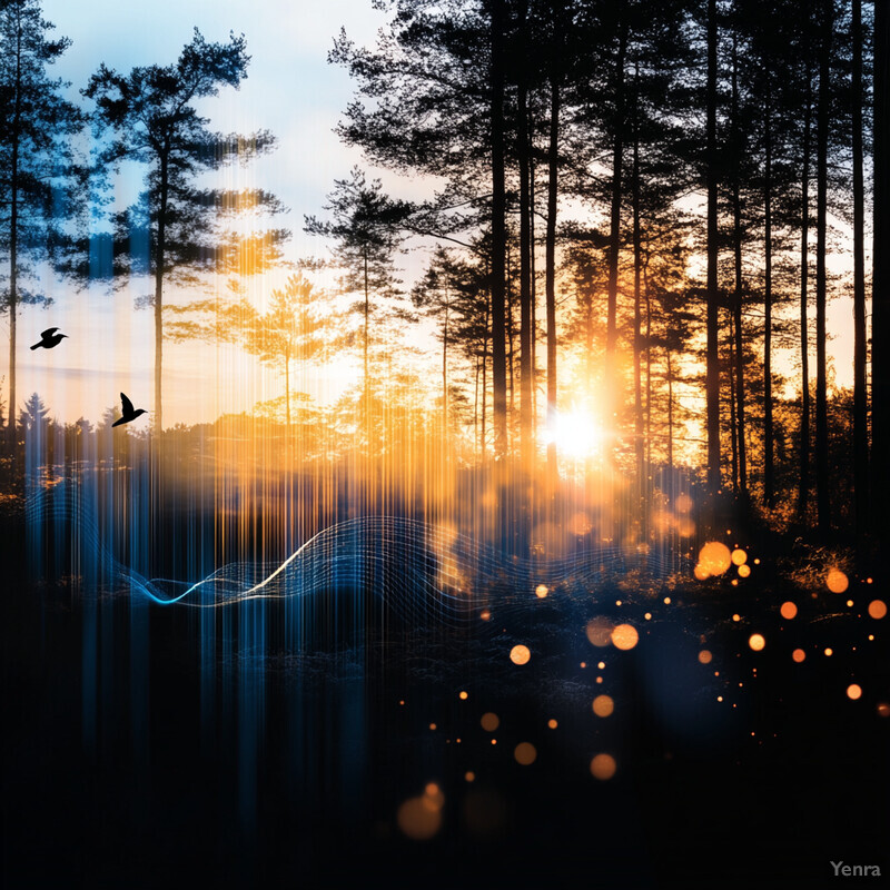 An artistic representation of a sunset in nature, featuring trees and birds.