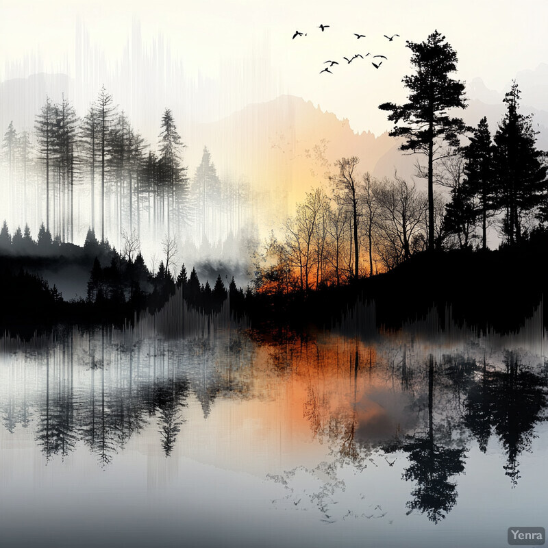 A serene landscape featuring silhouettes of trees reflected in water, with a light-colored sky and birds flying overhead.